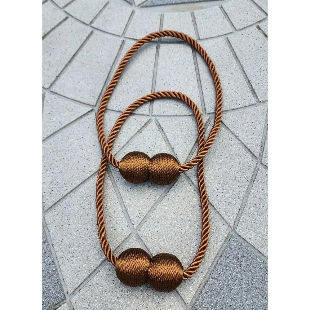Magnetic Brown or Silver Spherical Braided Rope Curtain Tiebacks